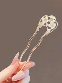 1个优雅仿珍珠花朵发夹，简约发髻发夹，双插式发叉，发髻造型发夹，发髻器，发饰，学生用品，仿珍珠发饰，女士度假装扮，婚礼用品，头部饰品