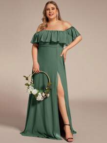 EVERPRETTY Plus Size Women's Solid Color Ruffle Off Shoulder Elegant Bridesmaid Dress - Army Green - View 4