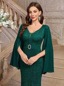 MIUSOL 优雅深 V 领花卉蕾丝长袖美人鱼下摆正式派对长裙、婚礼宾客礼服、晚礼服、长袍