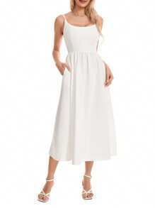 Women's Summer Midi Dress Solid Color Sleeveless Backless Party Dress Spaghetti Strap Beach Dress - trắng - Xem 2