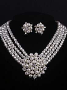 3 PiecesFaux Pearl Happiness Flower Wedding Necklace Earrings Jewelry Set Suitable For Dinner Party Brides Wedding Accessories