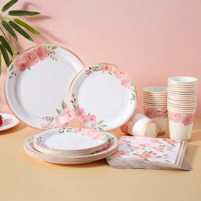 96 件/套春季花卉纸质餐具套装，包括一次性杯子、盘子和餐巾，适合 24 位客人，彩色花朵和叶子设计，非常适合春季派对、野餐、生日和送礼