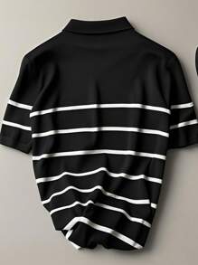 Officeau 1pc Custom-Fit - Striped Collared Short Sleeve Knit Blouse Spring To Summer - Black - View 3
