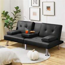 Convertible Sofa Bed Adjustable Couch Sleeper Modern Faux Leather Recliner Reversible Loveseat Folding Daybed Guest Bed, Removable Armrests, Cup Holders, 3 Angles, 772lb Capacity, Black - 黑色 - 查看 4