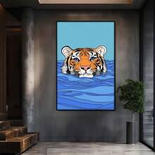 Image d'un tigre nageant dans l'eau bleue. Grande peinture murale encadrée en bois, décoration d'intérieur, peinture à l'huile - Chambre, salle de bain, salon, bureau, cuisine, cadeaux de Noël - 1 pièce