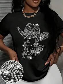 JOYY Women's Rhinestone Embellished Shiny Round Neck Short Sleeve T-Shirt, Holiday Party Gift Top, Suitable For All Seasons - Black - View 3