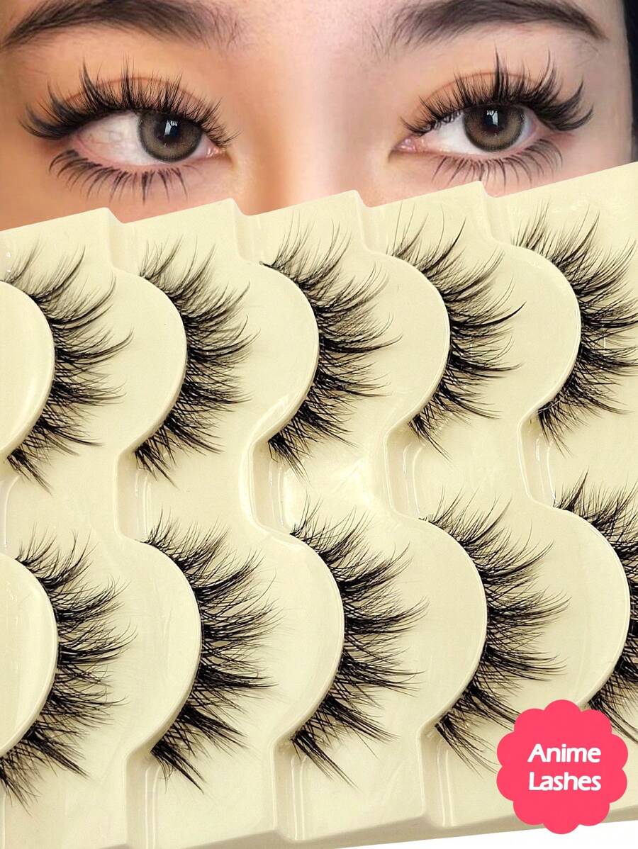 Asiteo Asiteo 5 Pairs Of Doll Style Natural False Eyelashes - Transparent Stem Manga Eyelashes, Comic Fairy Design, Perfect For Role-Playing - Reusable