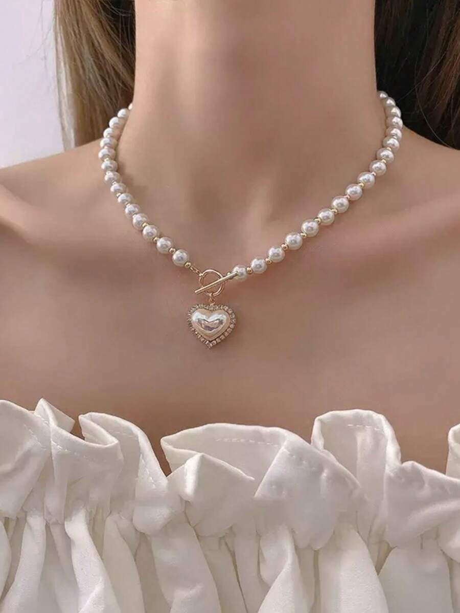 1pc Women Pearl Necklace With Rhinestone Pendant & Heart-Shaped OT Clasp