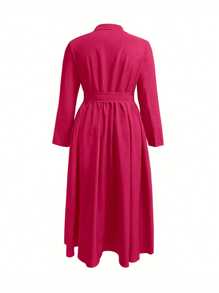 Plus Size Solid Color Button Down Long Sleeve Pleated Hem Minimalist Dress - Hot Pink - View 2