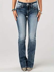 Embroidered Wing Detail Pocket Retro Style European And American Female Heavy Washing Elastic Horn Denim Trousers - 藏蓝色 - 查看 1