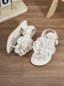 Toddler/Little Girls' 2025 Summer New Fashion Versatile Round Toe Thong Sandals With Large Flower, Flat, Anti-Slip For Beach & Home Wear