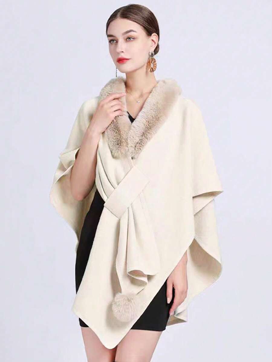 1pc Plus Size Women Asymmetrical Lapel Fuzzy Ball Decor Crossover Shawl, Warm For Autumn/Winter, Oversized European Style - Beige - View 1