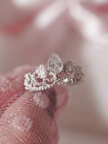 1 pieza Anillo de corona de princesa romántica con circonita cúbica, joyería única para el Día de San Valentín, boda, fiesta - Anillo de corona - Ver 5