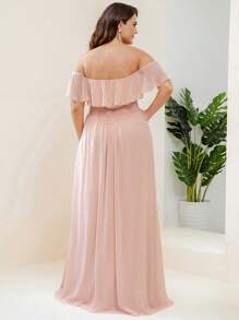 EVERPRETTY Plus Size Elegant Solid Color Off Shoulder Split Bridesmaid Dress - Pink - View 2