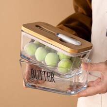 1 件玻璃黄油盘，带竹木盖和黄油刀，适用于厨房和餐厅，用于储存黄油和肉类 - 均碼 - 查看 2