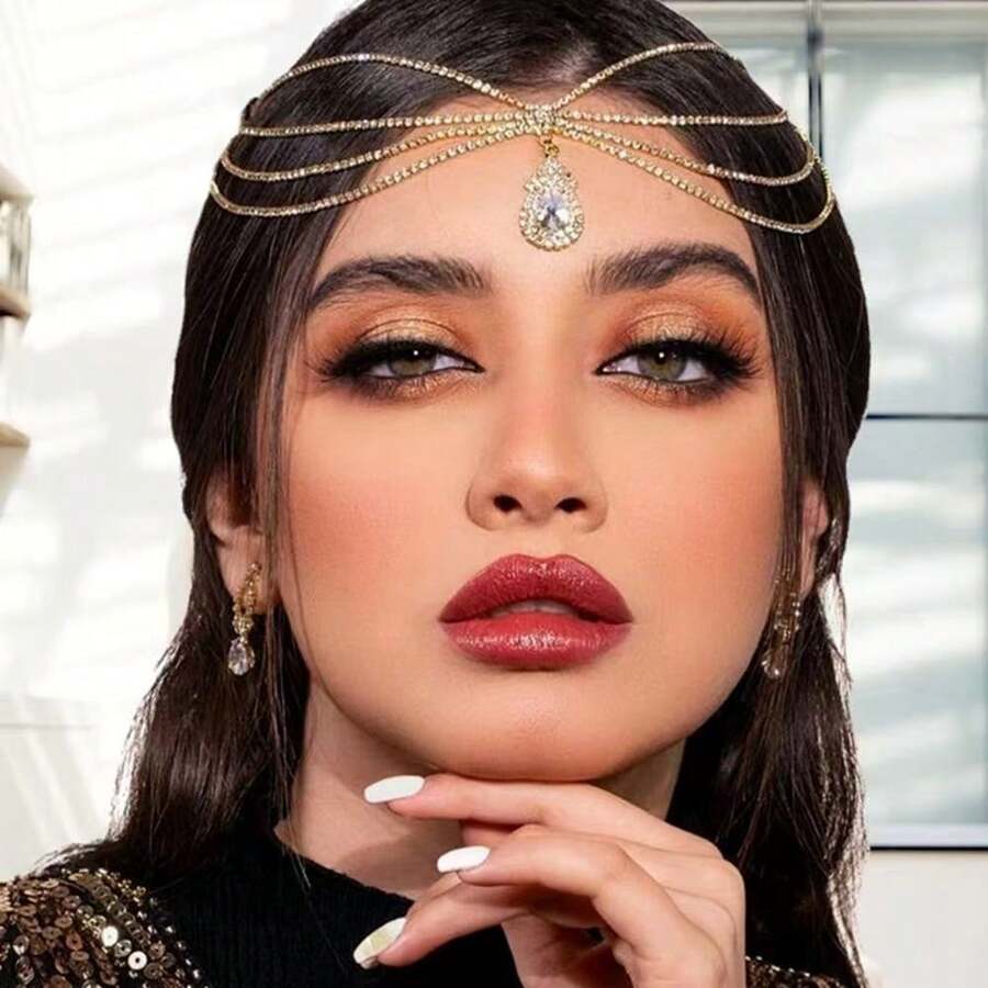 1 pieza Banda de cabello con cristales estilo europeo y americano, accesorio de cabeza nupcial, diadema con cadena de frente, joyería para el cabello estilo bohemio