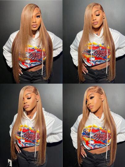 funky girl Ombre Highlight 13x6 Lace Front Wigs Human Hair Transparent Straight Lace Front Wigs Human Hair Pre Plucked 180% Density #4/27 Colored Honey Blonde Human Hair Wig For Women