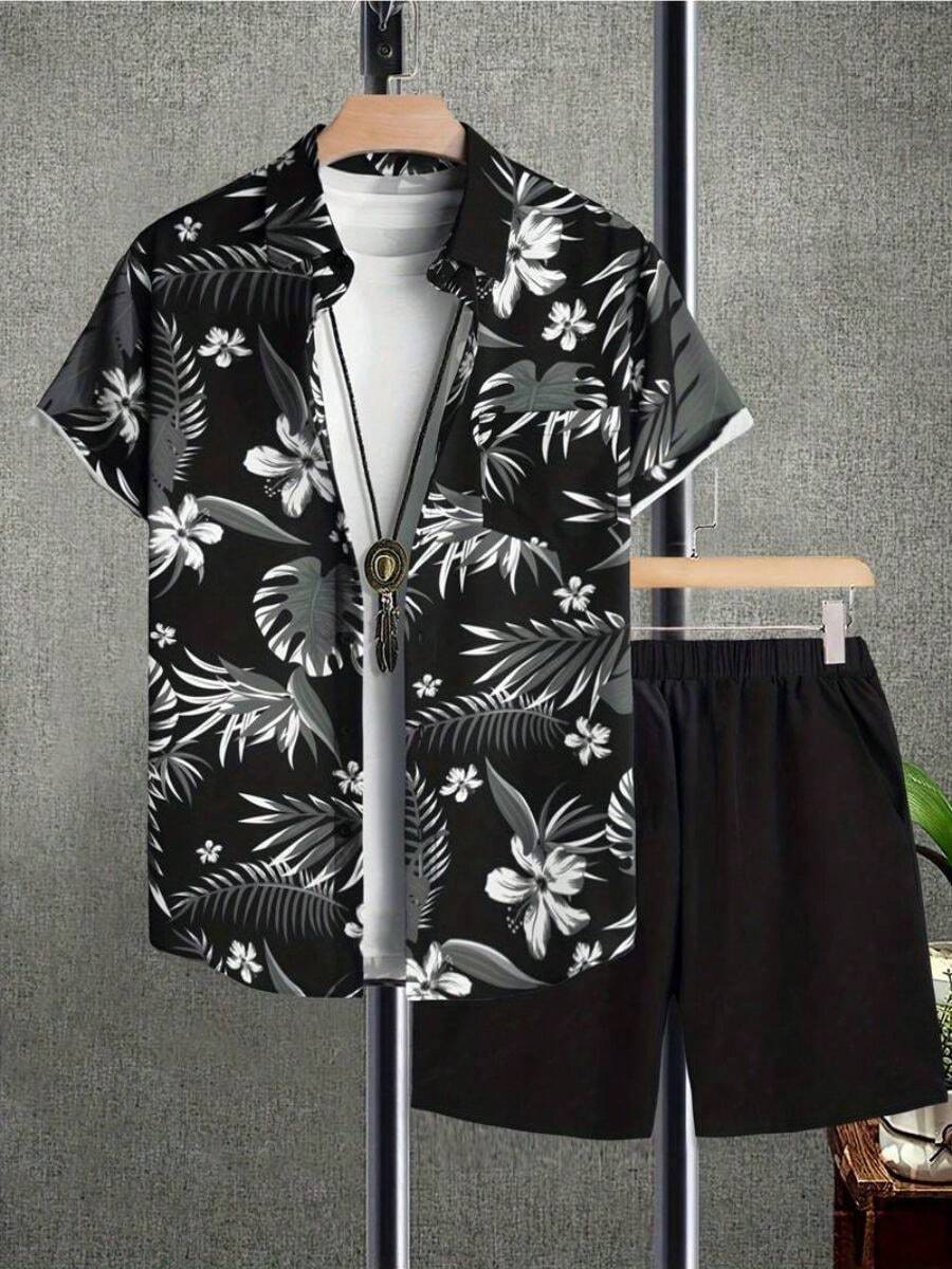 Men Summer Shirt Shorts Two Piece Set Tropical Printed Shirt Drawstring Shorts - Black - View 1