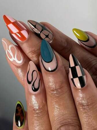 24 片装黑白亮面多色条纹细高跟假指甲，撞色法式指甲贴，适合优雅活力的派对场合，按压式指甲，美甲用品，美甲