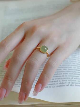 1 件人造和田玉方形可调节开口戒指适合女性日常佩戴