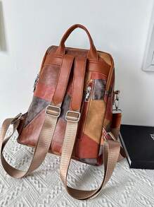 Vintage Style Splices Pu Soft Leather Women Backpack Purse, Fashion Day Bag, Multi-Pocket Convenient Travel Bag, Simple Large Capacity School Bag, Suitable For Students, Travel Vacation, Camping, Hiking, Business Trip, Daily Commute, Shopping, Office, Dating, Birthday Gifts, Holiday Gifts