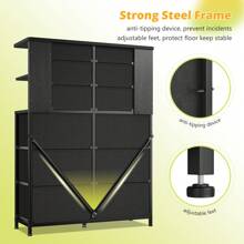 EnHomee Tall Dressers For Bedroom With LED Lights And 12 Fabric Drawers, Dresser For Bedroom With Open Shelves, Scuff-Resistant And Durable Wood-Top Panel, Chests Of Drawers With Sturdy Metal Framem Room Decor, Home Decor, Black Wood Grain - 黑色 - 查看 2
