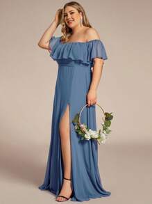 EVERPRETTY Plus Size Women's Solid Color Ruffle Off-Shoulder Elegant Bridesmaid Dress - Dusty Blue - View 3