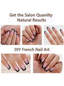 Kit de 150 uñas acrílicas francesas rosa y negro en forma cuadrada corta - 15 tamaños, puntas de uñas negras con pegamento, diseño de salón de manicura DIY, ideal para uñas postizas para mujeres