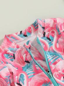 Traje de baño de una pieza con protección solar para niñas de 0 a 3 años, con estampado de flamencos y flores, cremallera, manga larga y gorro incluido. - Rojo - Ver 4