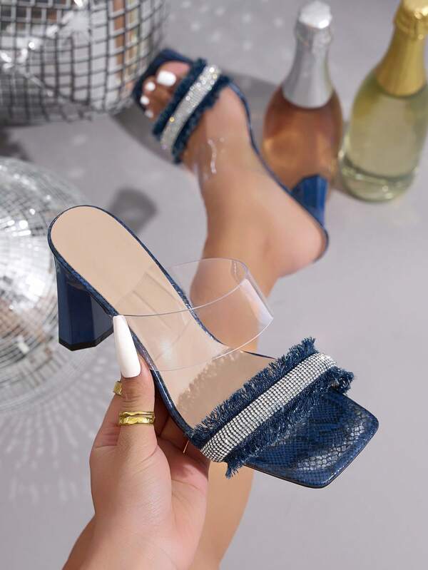 2025 New Sexy Rhinestone Square Toe High Heel Slip-On Sandals, Minimalist & Versatile, Plus Size Women Shoes