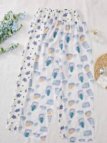 2pcs Floral & Plaid Pattern Lounge Pants - White - View 2