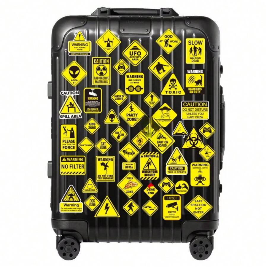 50 piezas Pegatinas de advertencia de dibujos animados, pegatinas divertidas de peligro y prohibición para patineta, guitarra, portátil, motocicleta, coche, juguetes clásicos y objetos cool, útiles escolares, de vuelta a la escuela - Multicolor - Ver 1