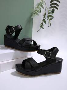 女士高跟水钻凉鞋，坡跟露趾绑带派对凉鞋，时尚性感，春夏穿搭 - 黑色 - 查看 7