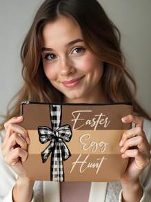 1pc Easter Bunny, Egg & Bow Letter Linen Print Cosmetic Bag, Adorable Travel Makeup Pouch & Multipurpose Coin Purse, Lightweight Gift Essential For Women
