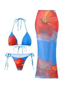 3pcs/Set Summer Floral Print Spaghetti Strap Bikini Set & Skirt For Women Vacation Beach - Multicolor - View 5