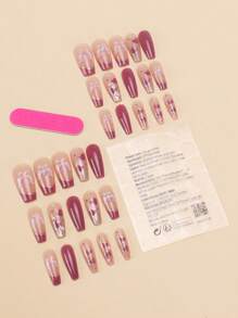 30 Pieces Of Chinese Style Coffin Shaped Pressed Fake Nail Patches, Gradient Butterfly Sweet French Style Women's Nail Patches, Fingertips, Matched With 1 Piece Of Jelly Glue And 1 Piece Of Rubbing Strip, Suitable For Women's Parties, Dances, Daily Casual Wear, Detachable And Reusable Wear Press On Nails