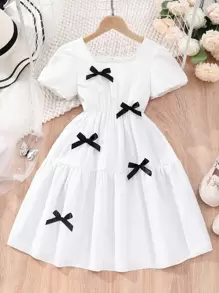 Tween Girl Square Collar Bowknot Solid Color Dress, Summer - White - View 1