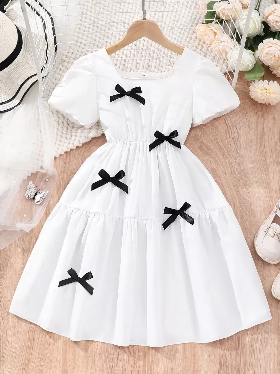 Tween Girl Square Collar Bowknot Solid Color Dress, Summer - White - View 1