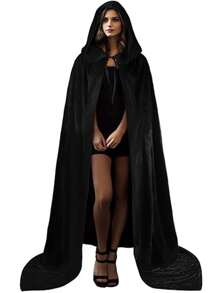 Black Witch Velvet Cloak Halloween Hooded Cape Queen King Robe Outfit Renaissance Medieval Costume Halloween Velvet Cloak Cape With Hood Hooded Cloaks - màu đen - Xem 1