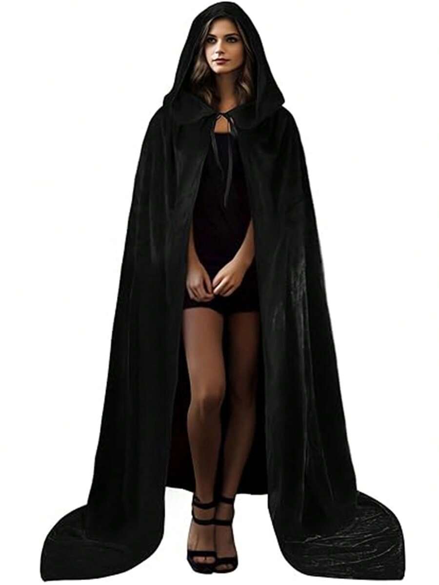 Black Witch Velvet Cloak Halloween Hooded Cape Queen King Robe Outfit Renaissance Medieval Costume Halloween Velvet Cloak Cape With Hood Hooded Cloaks - màu đen - Xem 1
