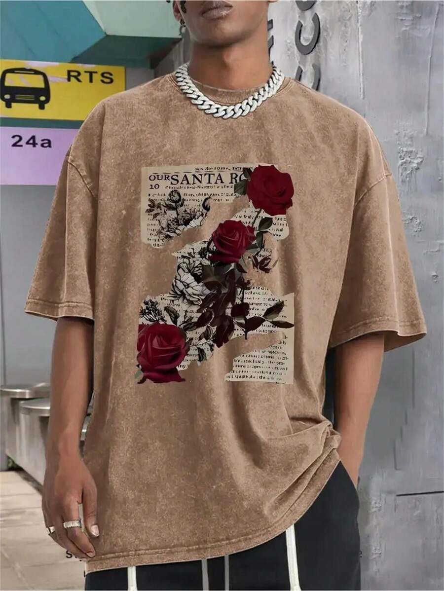 1 Pcs 230gsm New Design Printed Men's T Shirt, Versatile Round Neckline Short Sleeve T Shirt For Men - Soft & Comfortable Washed Cotton Men's Tee For All Seasons Wardrobe - 咖啡色 - 查看 1