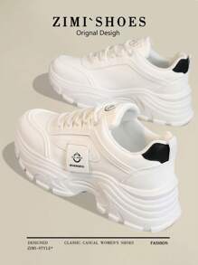 1 双女士休闲圆头系带户外运动鞋，春夏季皮底运动鞋 - 米色 - 查看 3