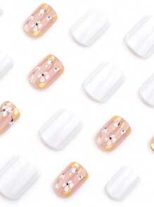 24 片短方形法式假指甲，简约白色花卉图案指甲贴，带金箔，适合派对、婚礼和日常佩戴按压指甲美甲用品 - 彩色 - 查看 2