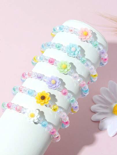 6pcs/Set Floral Beaded Bracelets For Kids, Random Color