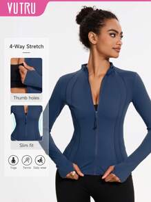 VUTRU Women's Fitted Sports Jacket With Thumb Hole Design And Stand Collar - Navy Blue - View 8
