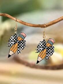 1 Pair Unique Acrylic Pencil & Bowknot Design Earrings, Creative Leopard, Cow Print, Plaid Pattern Drops For Graduation, Back-To-School, Teacher's Day, Please Remove Protective Film Before Use