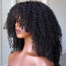 Full 250% Density Afro Kinky Curly Human Hair Wig With Bang Brazilian Virgin Afro Coily Wigs Bangs For Women Machine Scalp Top Wig Glueless 16inch - 黑色 - 查看 2