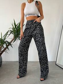 Pantalones vaqueros de mujer con cintura alta y estampado de leopardo, de mezclilla larga, casuales y para uso diario