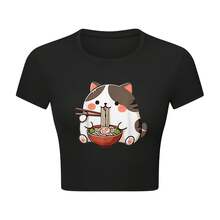 Cute Cat Ramen Crop Top T-Shirt For  Women - Black
