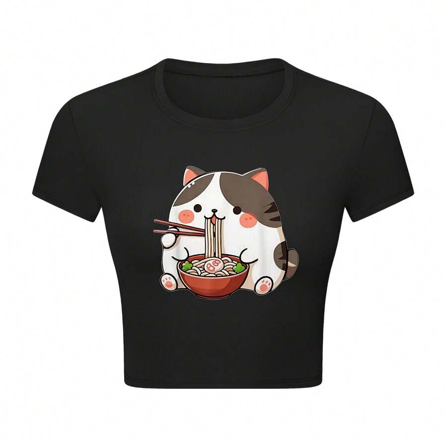 Cute Cat Ramen Crop Top T-Shirt For  Women - Black